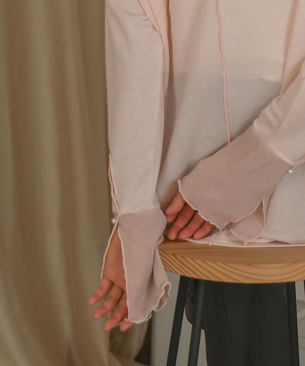 日本 Bab - 楊柳拼接珍珠薄長袖上衣-米杏