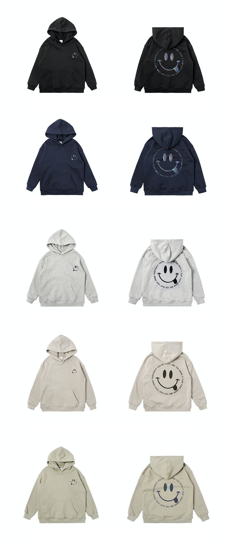 加絨連帽長袖大學T-笑臉-灰色