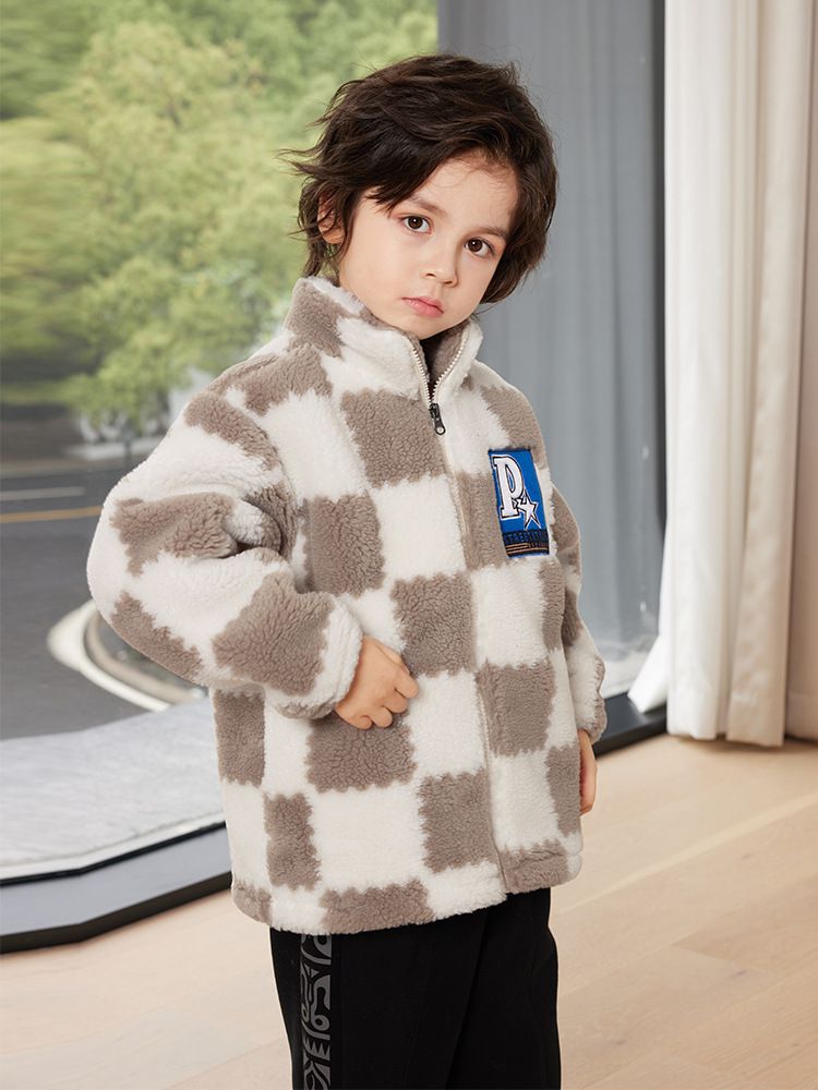 羊羔絨兒童保暖外套-帥氣格紋-綠色