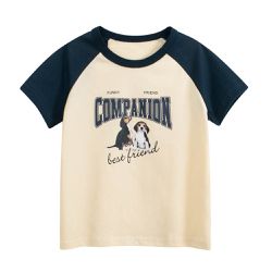 27KIDS - 純棉短袖上衣-超萌狗狗-米杏/藏青