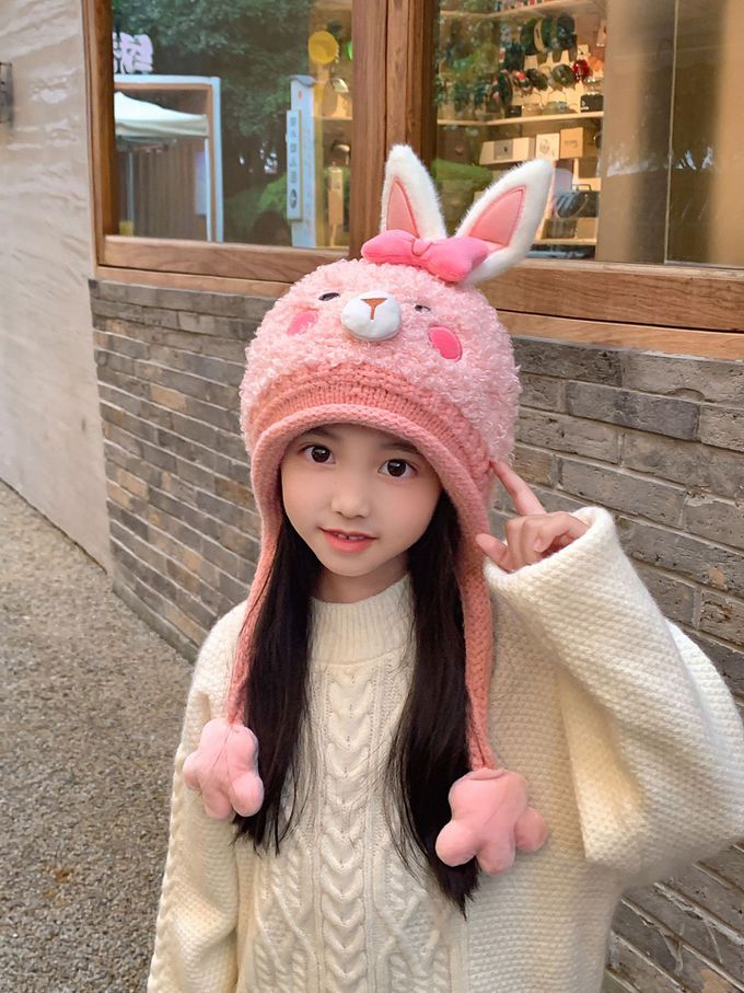 Love, Charlotte - 粉色兔兔立體耳朵泰迪絨保暖帽 (頭圍:48~53cm (建議年齡:2+))