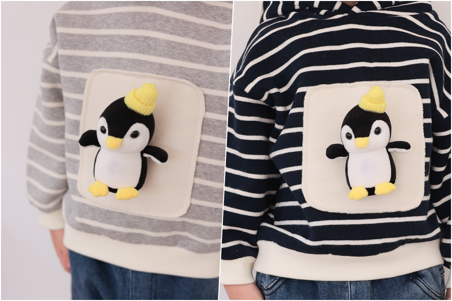 韓國 Coco rabbit - 害羞企鵝條紋連帽長袖上衣-灰