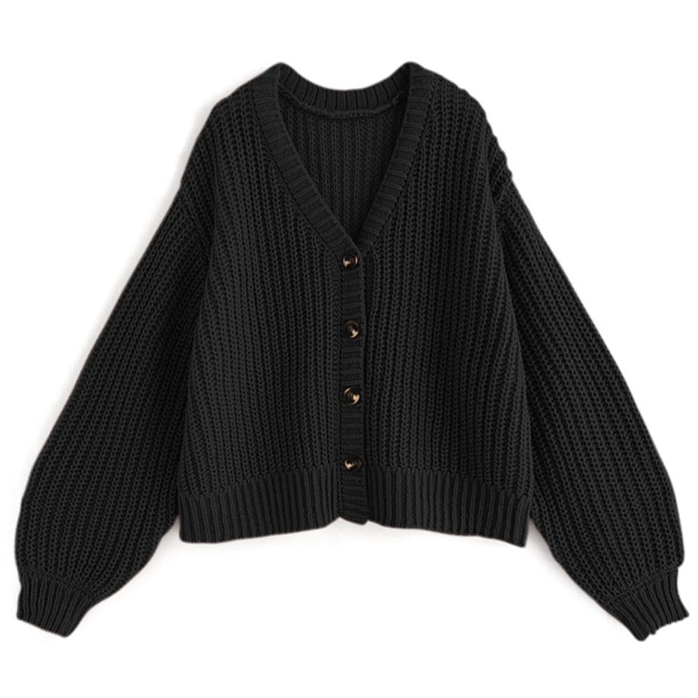 文青風粗針織V領開襟衫/外套-黑 (F)