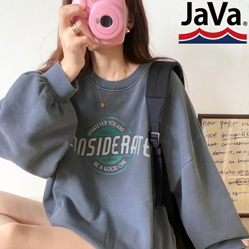 日本 Classical Elf - 水洗復古感印花寬鬆大學T-灰藍