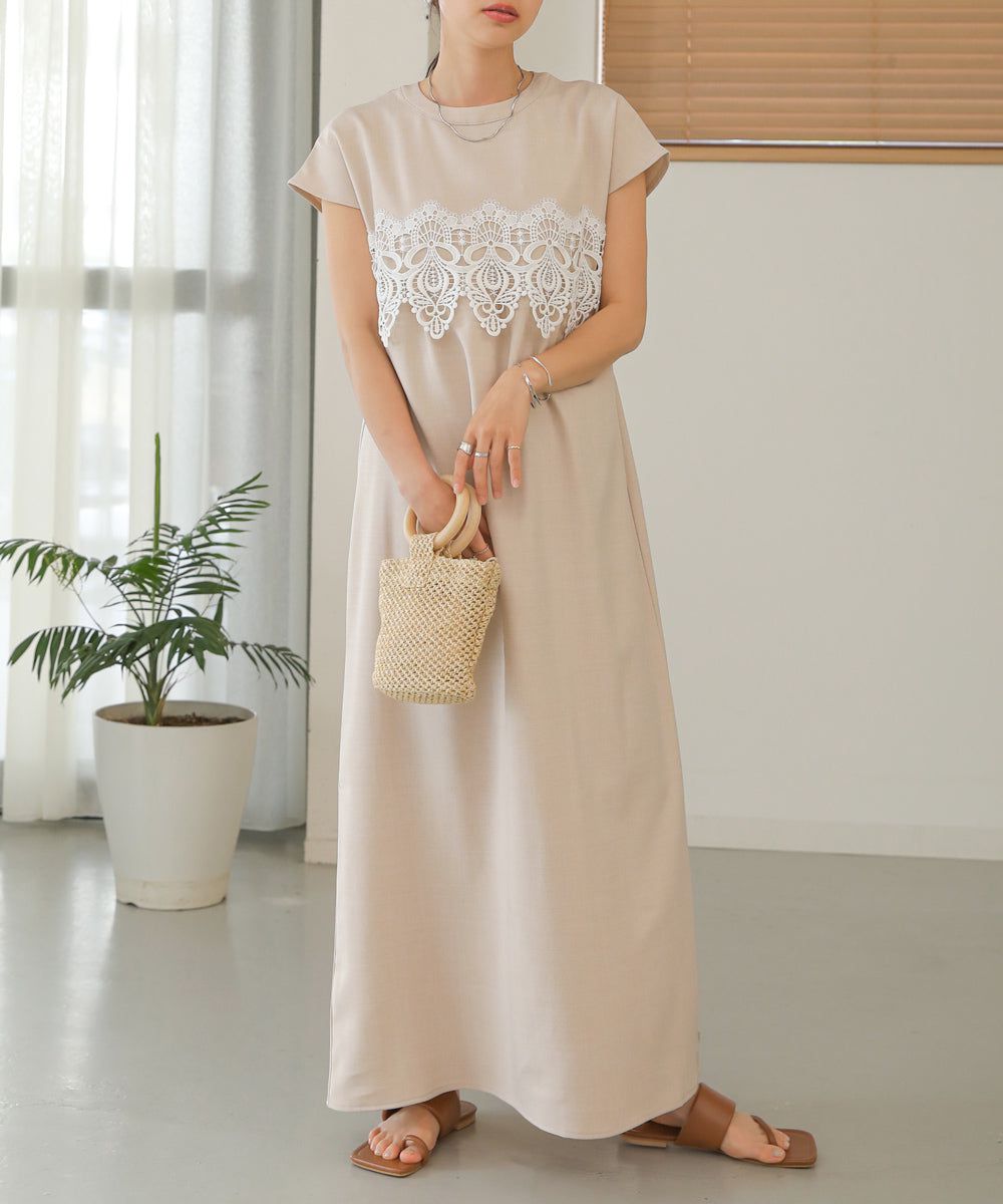 日本 Bab - 前蕾絲拼接短袖洋裝-黑