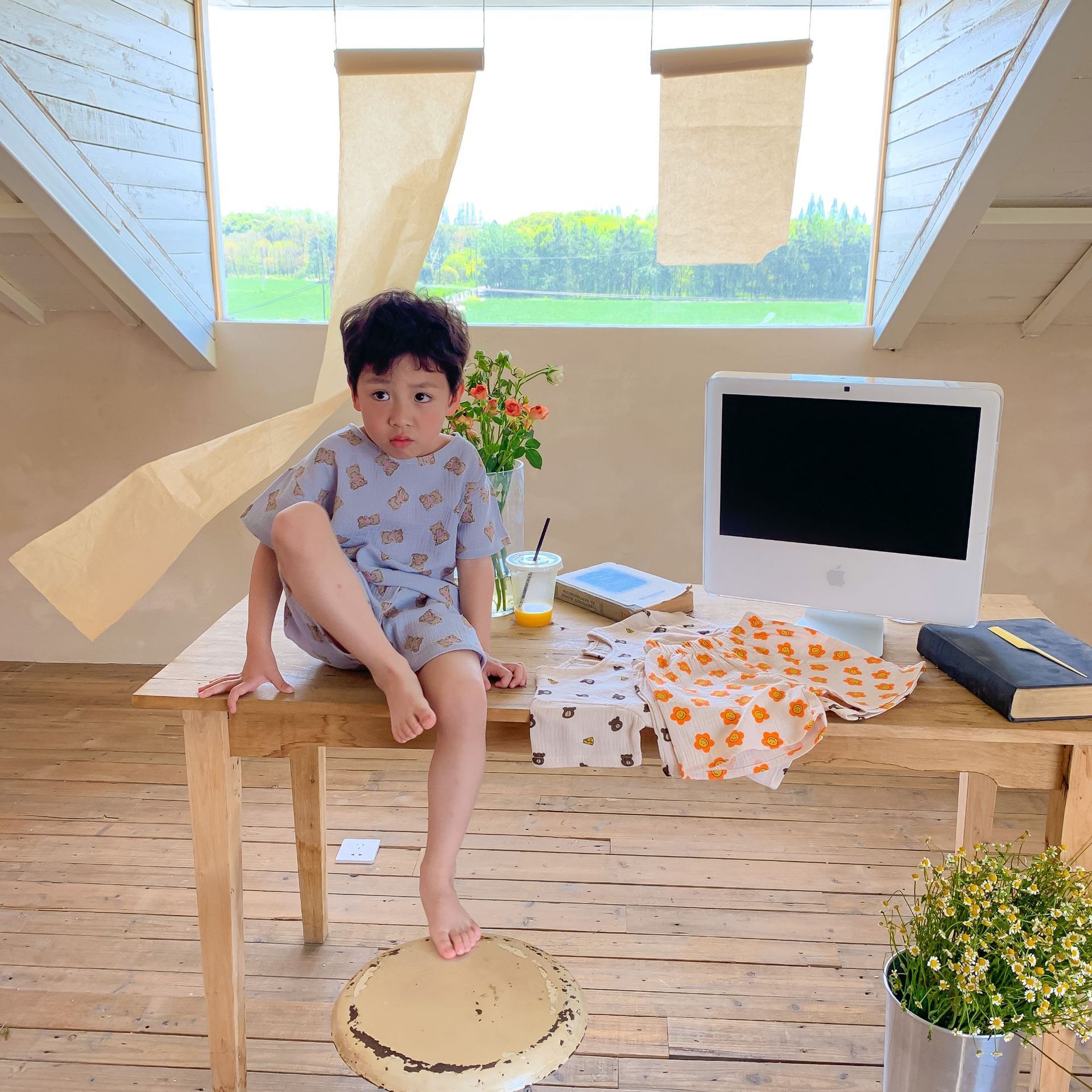 紗布棉短袖家居服套裝-小碎花-奶油色