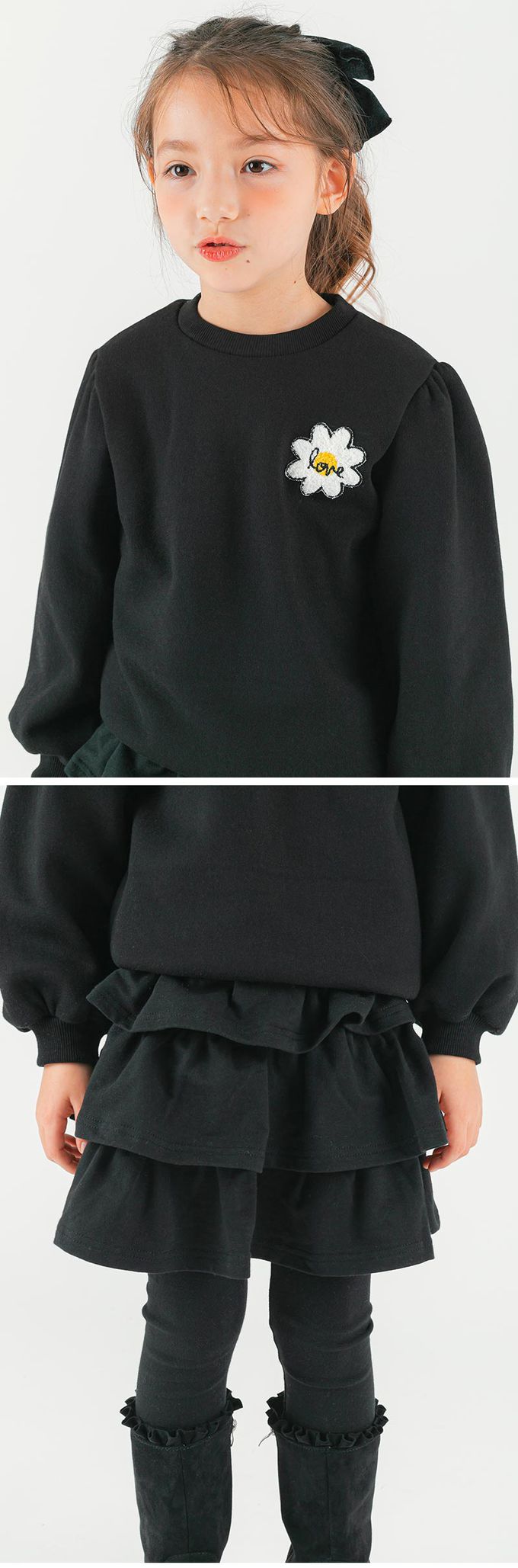 韓國 OZKIZ - 雛菊點綴層次內搭褲裙套裝-黑