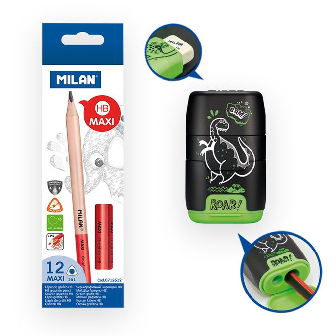 MILAN - 學童文具組-學齡前的第一枝三角鉛筆_12入裝+COMPACT橡皮擦+削筆器_恐龍樂園_騎士黑