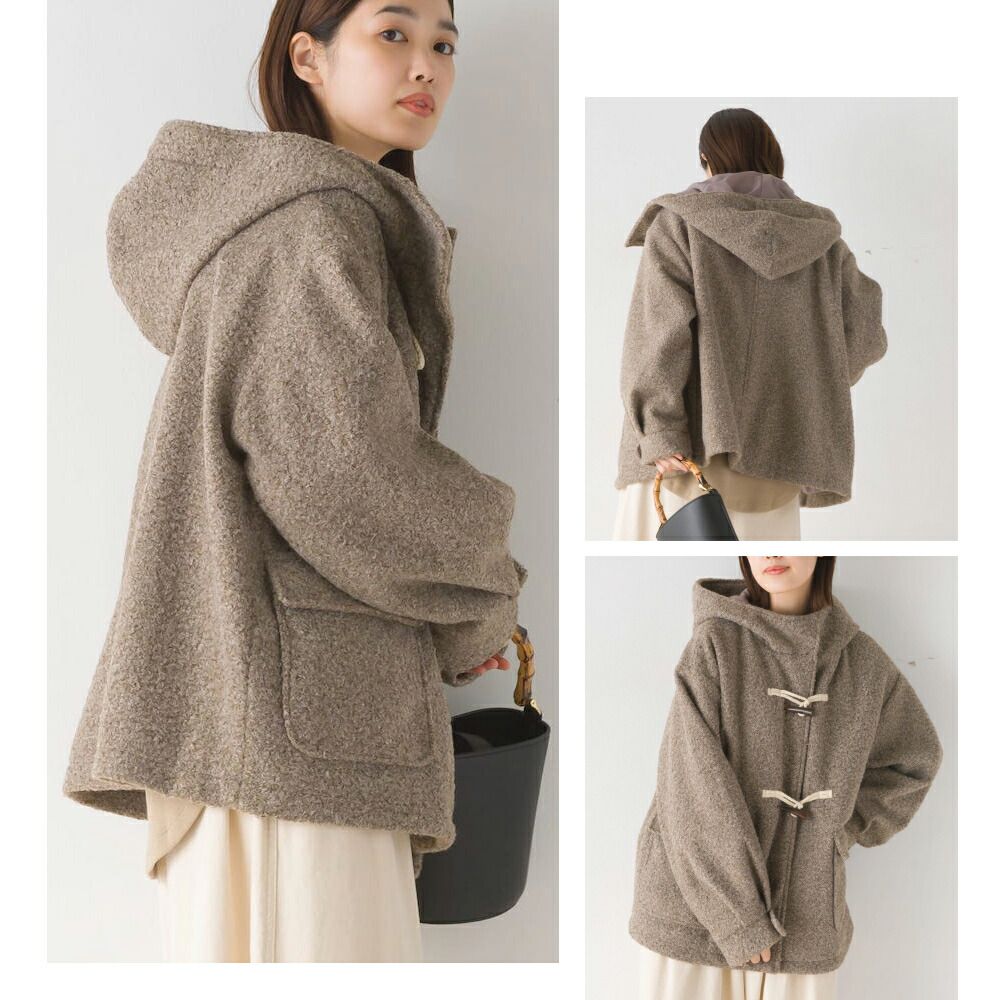 日本 OMNES - 文藝感牛角扣短版連帽大衣-米杏