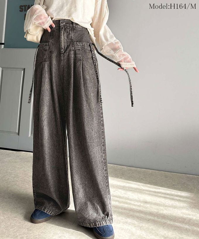 日本 Classical Elf - 側蝴蝶結純棉丹寧摺線寬褲-(環保材質)-黑