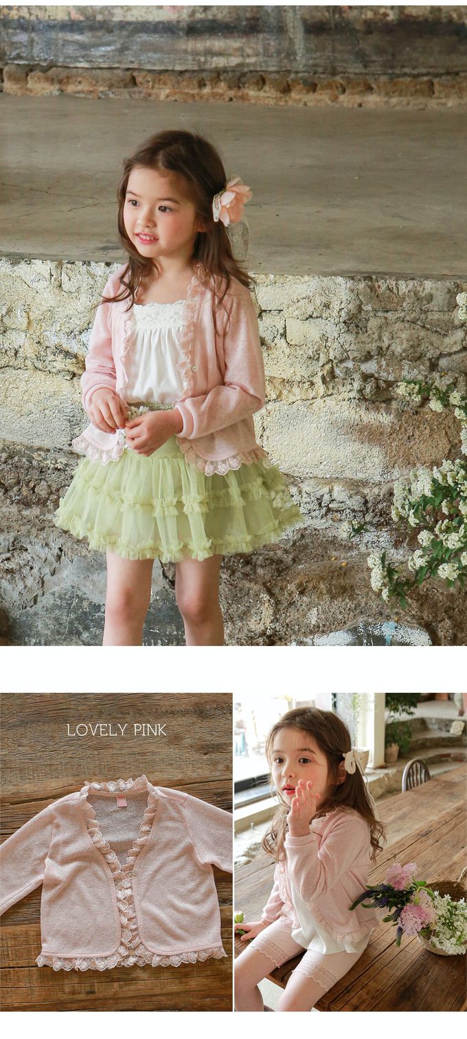 韓國 Puellaflo - 蕾絲花邊裝飾薄長袖外套-粉