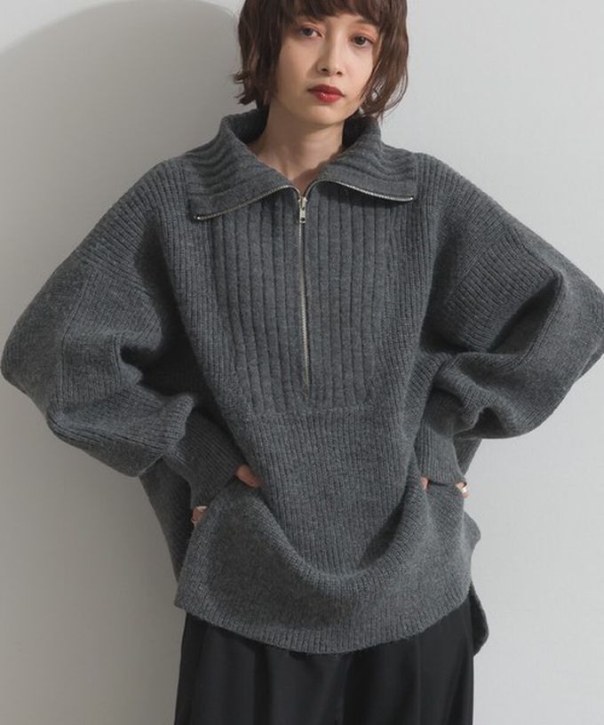 日本 ELENCARE DUE - 優雅線條感半拉鍊長版針織高領上衣-炭灰