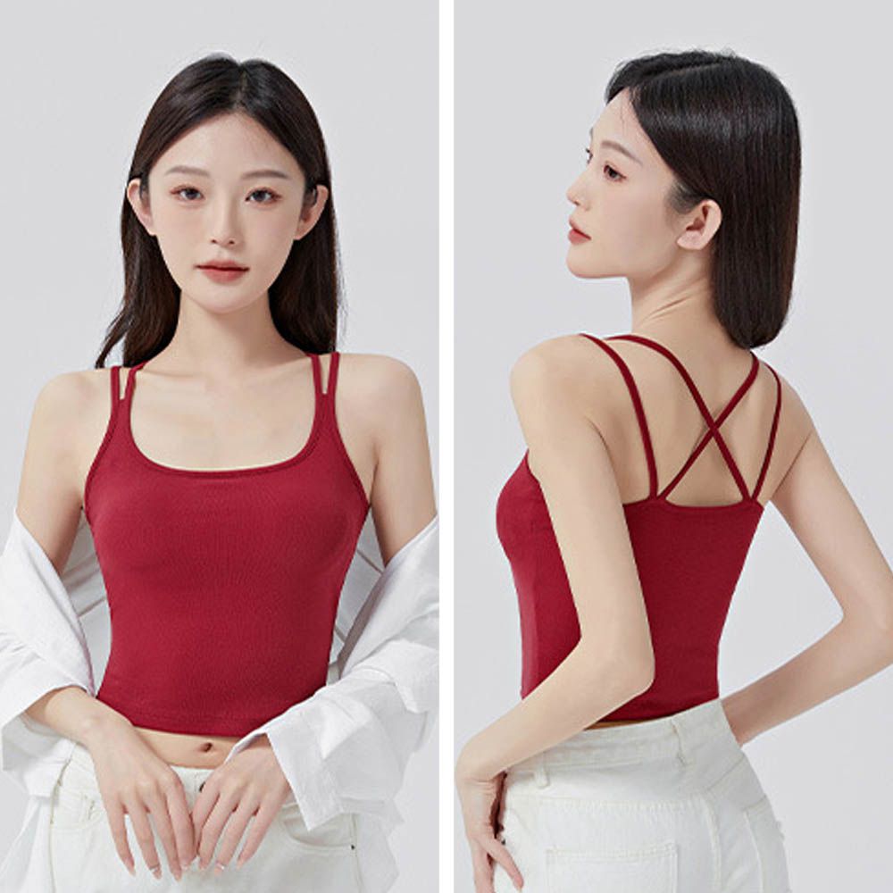 雙肩帶交叉美背BRA TOP/附罩杯上衣-酒紅