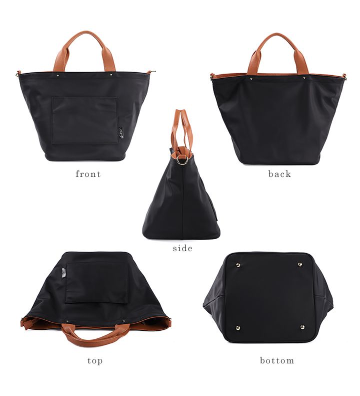 日本 LIZDAYS - 撥水加工 2WAY大容量尼龍托特包-皮革拼接-黑x焦糖棕 (27x45x24cm)