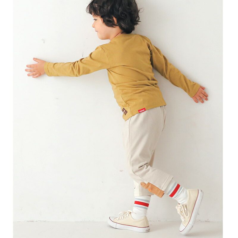 日本 ZOOLAND - 童趣印花拼接七分褲-立體耳朵-奶油杏