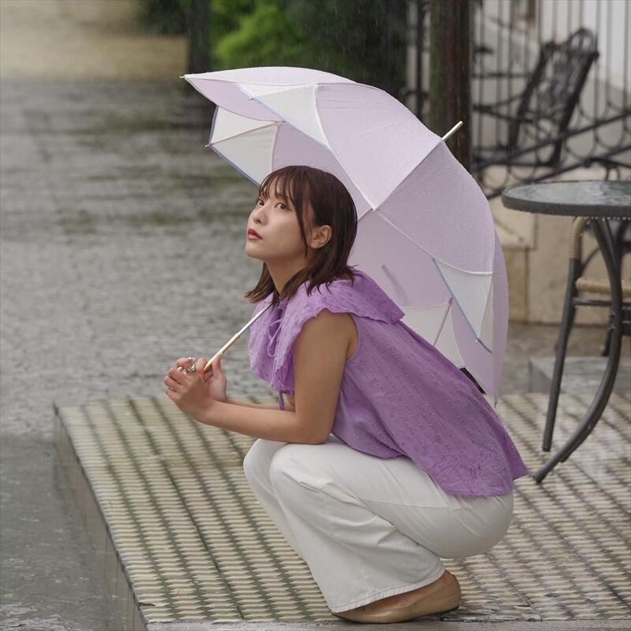 日本 nifty colors - 抗UV輕量 晴雨兩用J型手把直傘-花瓣浪漫-薰衣草 (直徑90cm/256g)
