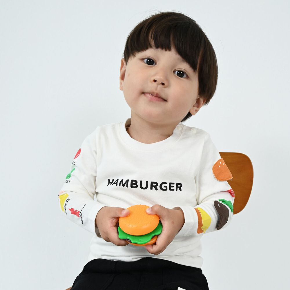 日本 Baby Room - 純棉立體翻翻樂長袖上衣-漢堡食材-白