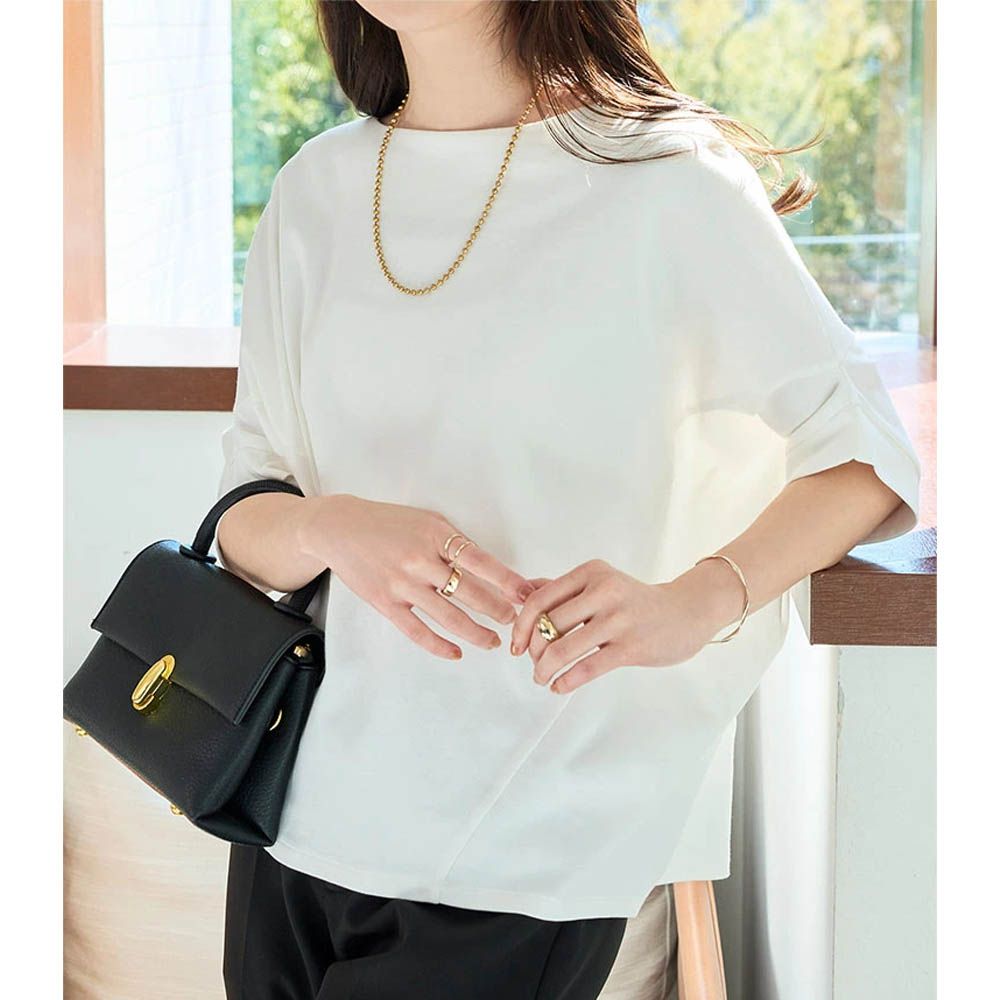 寬鬆感船領飛鼠五分袖上衣-白