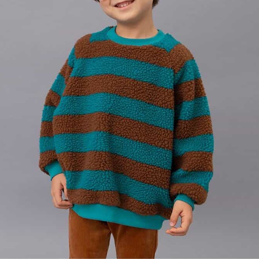 繽紛印花毛毛縮口長袖上衣-條紋-綠X咖啡