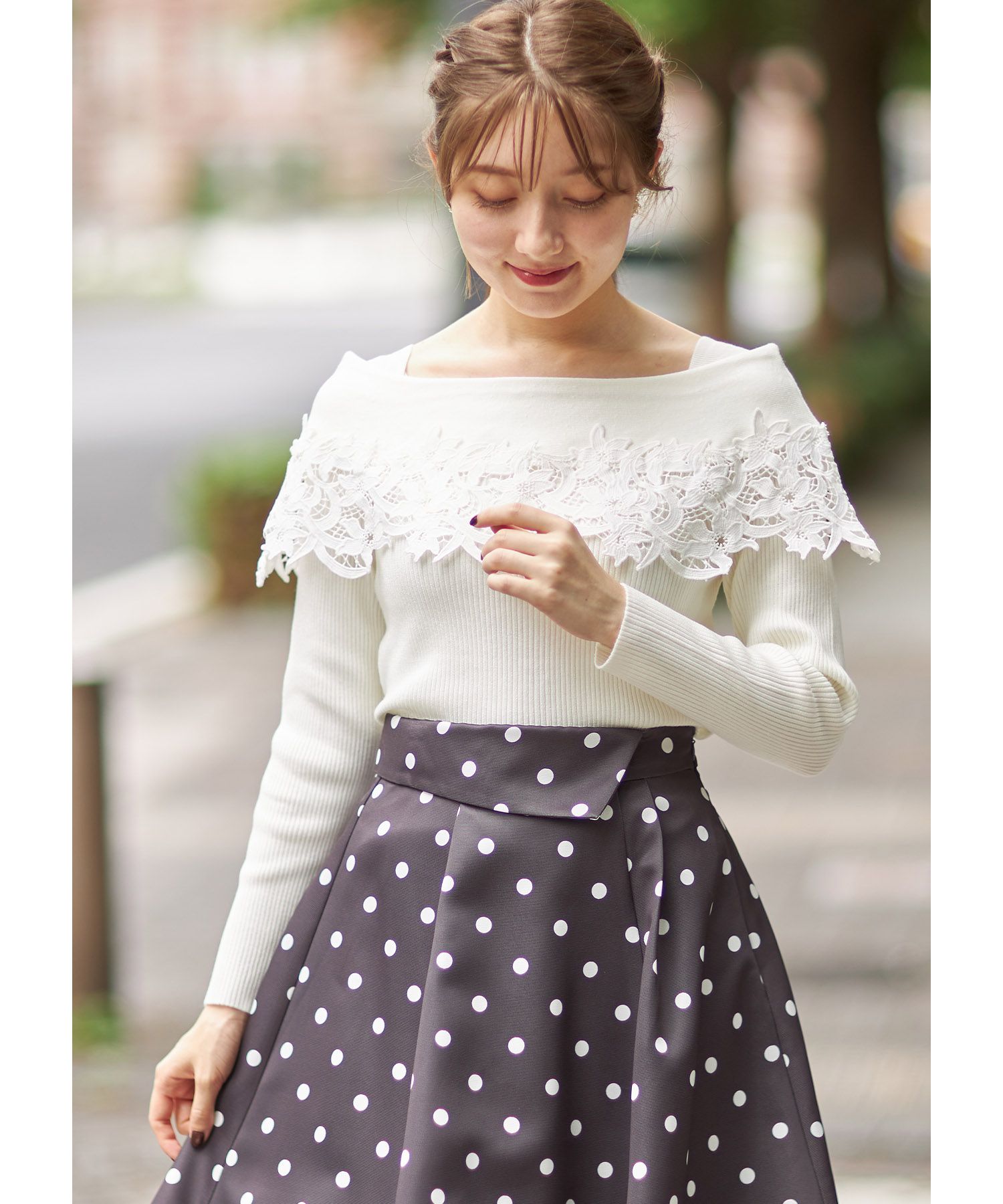 日本 tocco-closet - 氣質蕾絲拼接針織上衣-天使白