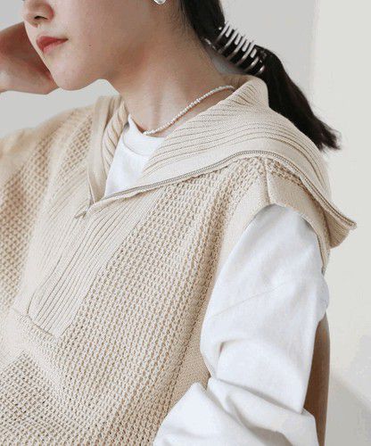 日本 Bou Jeloud - 拉鍊翻領針織背心-黑