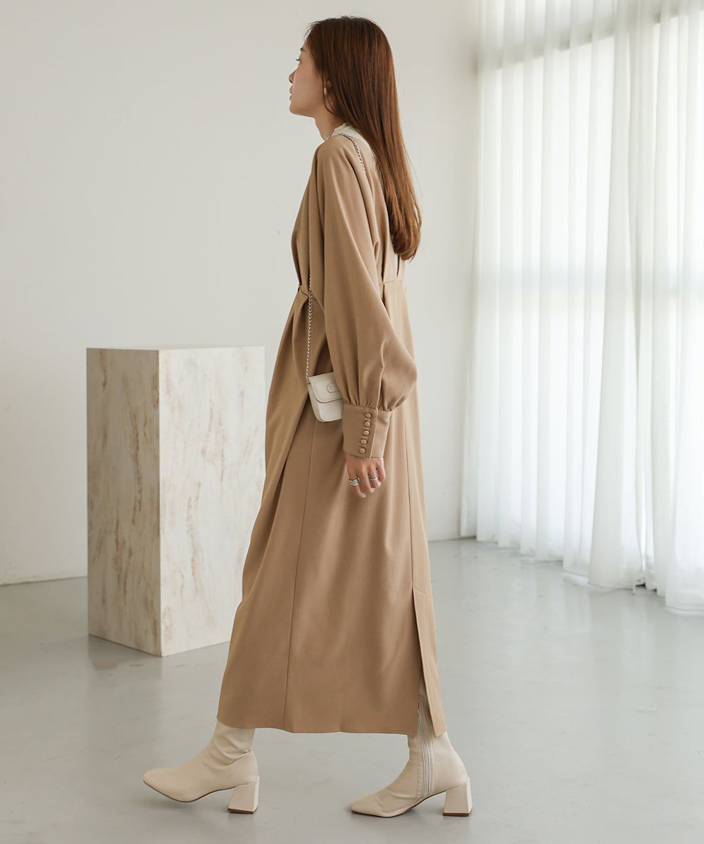 日本 Bab - 大V領拼接唯美歐風長袖洋裝-灰藍