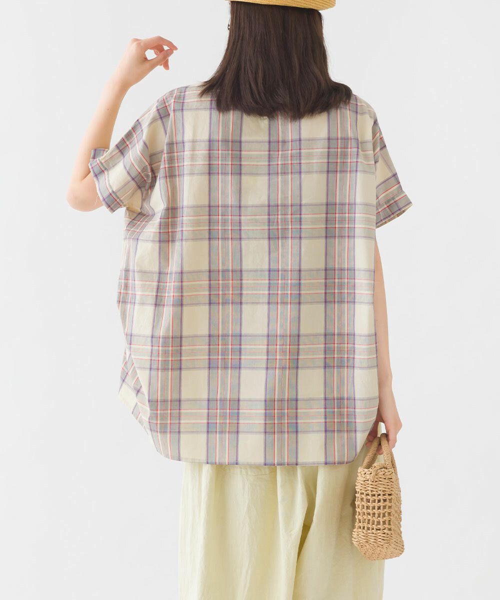 日本女裝代購 - 100%印度棉格紋拼接短袖上衣-深藍