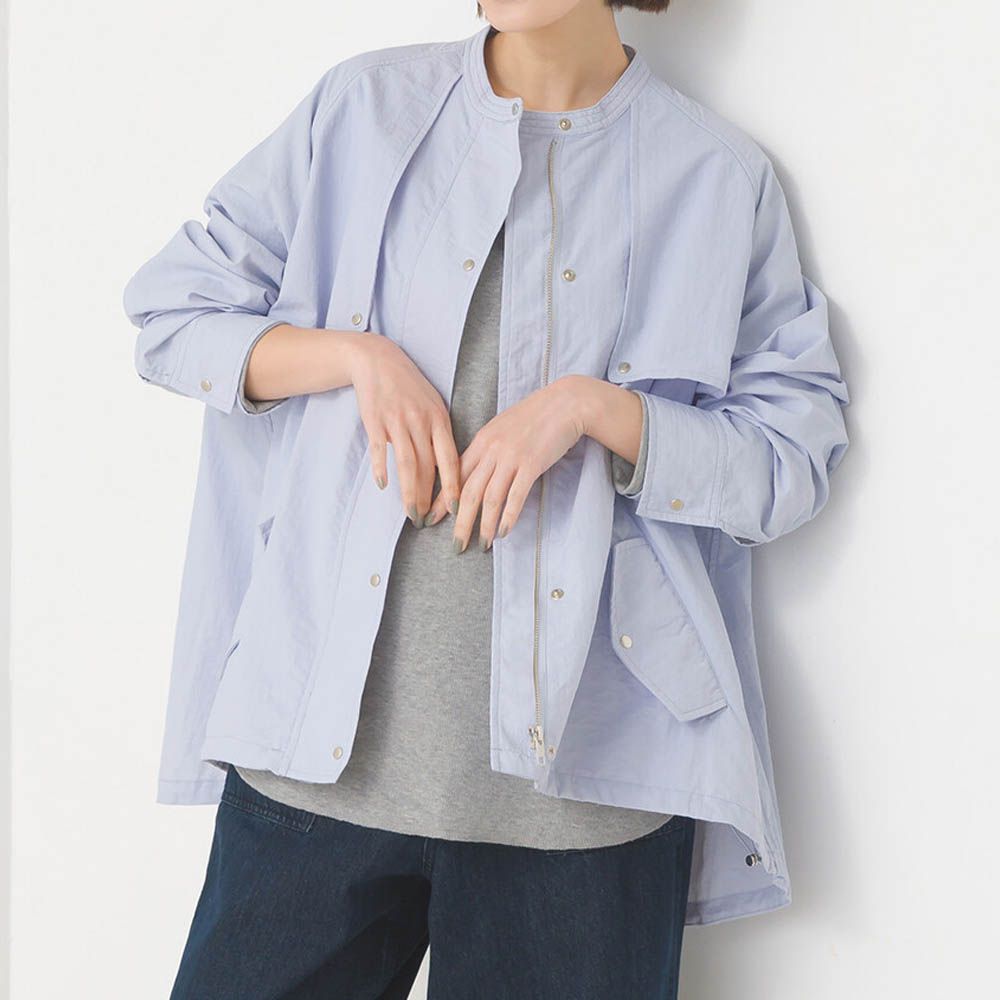 潑水加工 輕量尼龍抽繩造型圓領外套-水藍