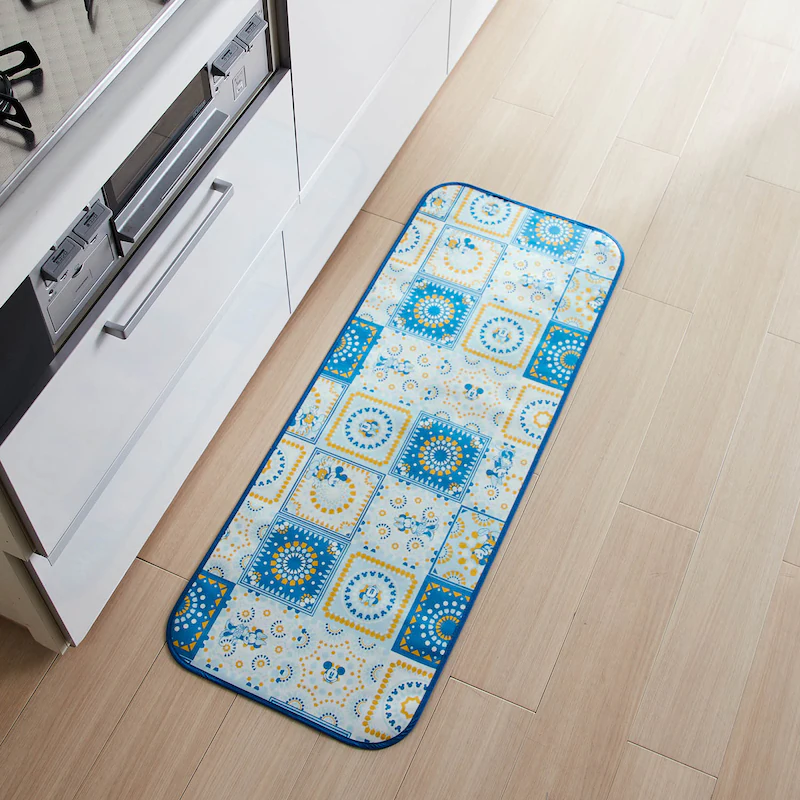 日本千趣會 - 迪士尼 日本製 防水加工長型腳踏墊(廚房/臥室)-米奇米妮磁磚-藍