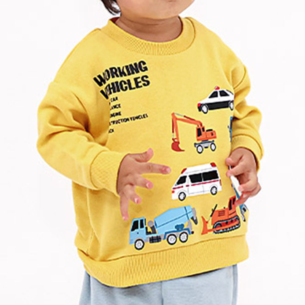 裏起毛俏皮印花長袖上衣-A工作車-芥末黃