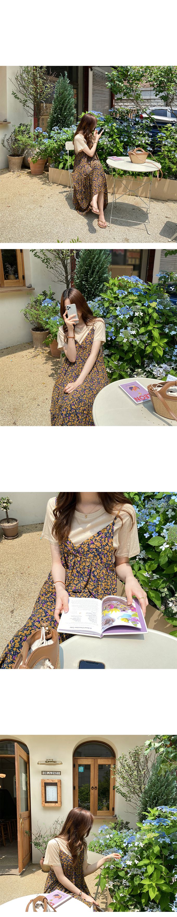 韓國女裝代購 - 復古花漾細肩帶連身洋裝-黃紫 (FREE)