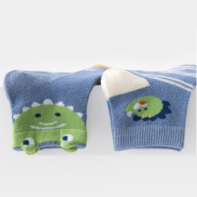 love, charlotte - 卡通條紋恐龍網眼短筒棉襪-5 雙一組