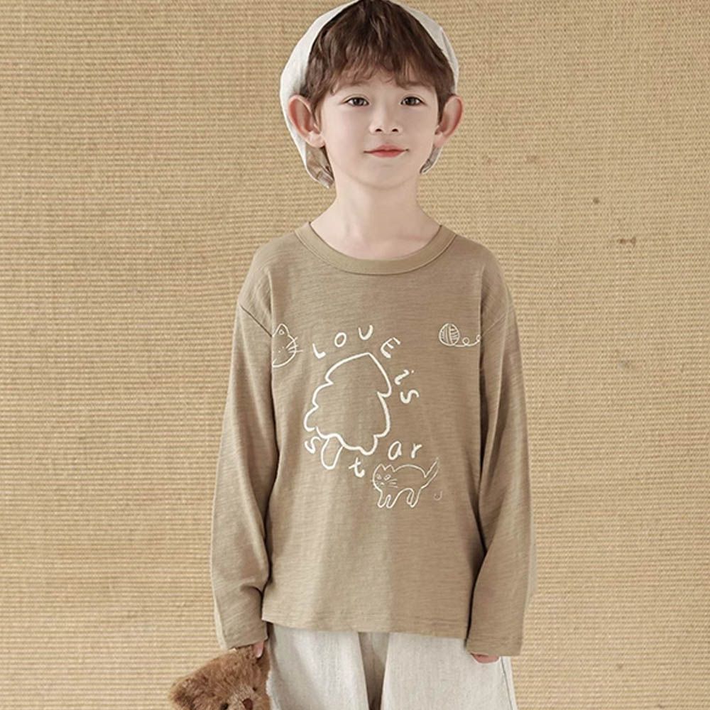 純棉竹節紋圓領落肩長袖上衣-繪畫印花-卡其