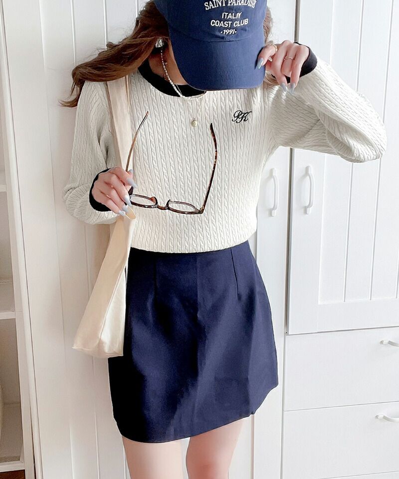 日本 Classical Elf - 學院風logo編花針織長袖上衣-米白x黑邊