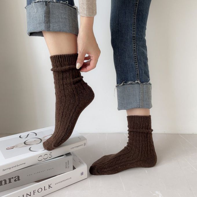 韓國Marian - 花紋素色羊毛保暖襪-芥茉黃 (Free)