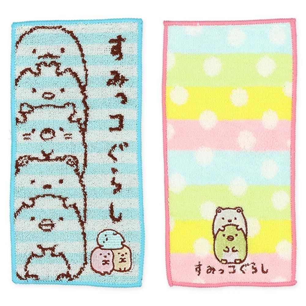 日本西松屋 - 純棉上學擦手巾/手帕(2入組)-角落小夥伴-粉+藍 (10×20cm)