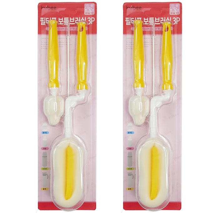 正韓 hibee - 極柔細各類水瓶/水壺/保溫瓶/奶瓶 萬用海綿刷(旋轉型)+海綿隙縫刷+吸管刷_星星黃-HFB0103Y2(兩套)