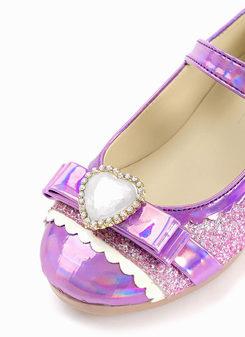 韓國 OZKIZ - 愛心寶石蝴蝶結亮粉皮鞋