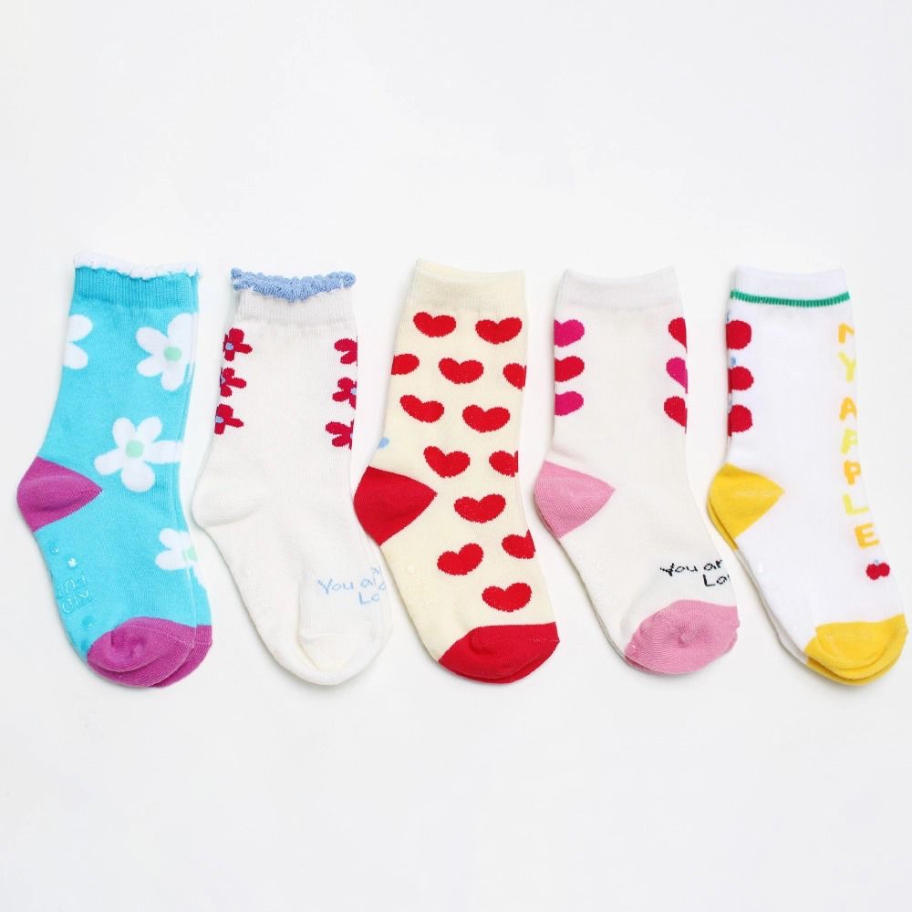 (五入組)韓製兒童中筒襪-春日花朵X愛心