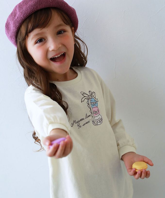 日本 devirock - 100%棉 女孩印花微長版上衣-馬卡龍-灰白