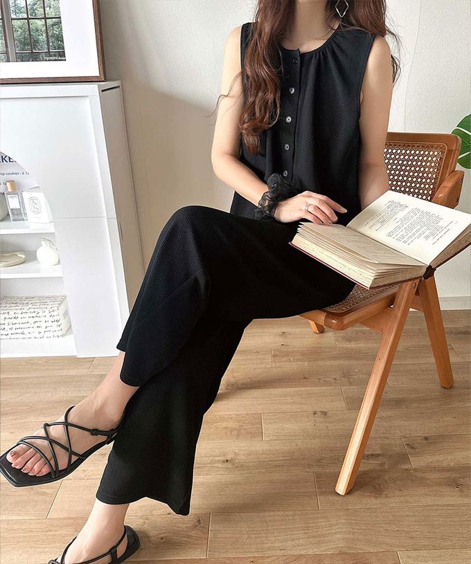 日本 Classical Elf - 亨利領簡約風紋理連身褲-炭灰