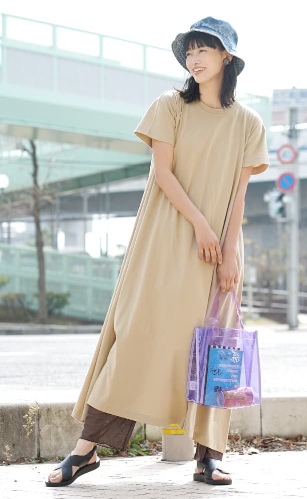 日本 zootie - 抗透汗 休閒短袖傘狀長洋裝-灰杏