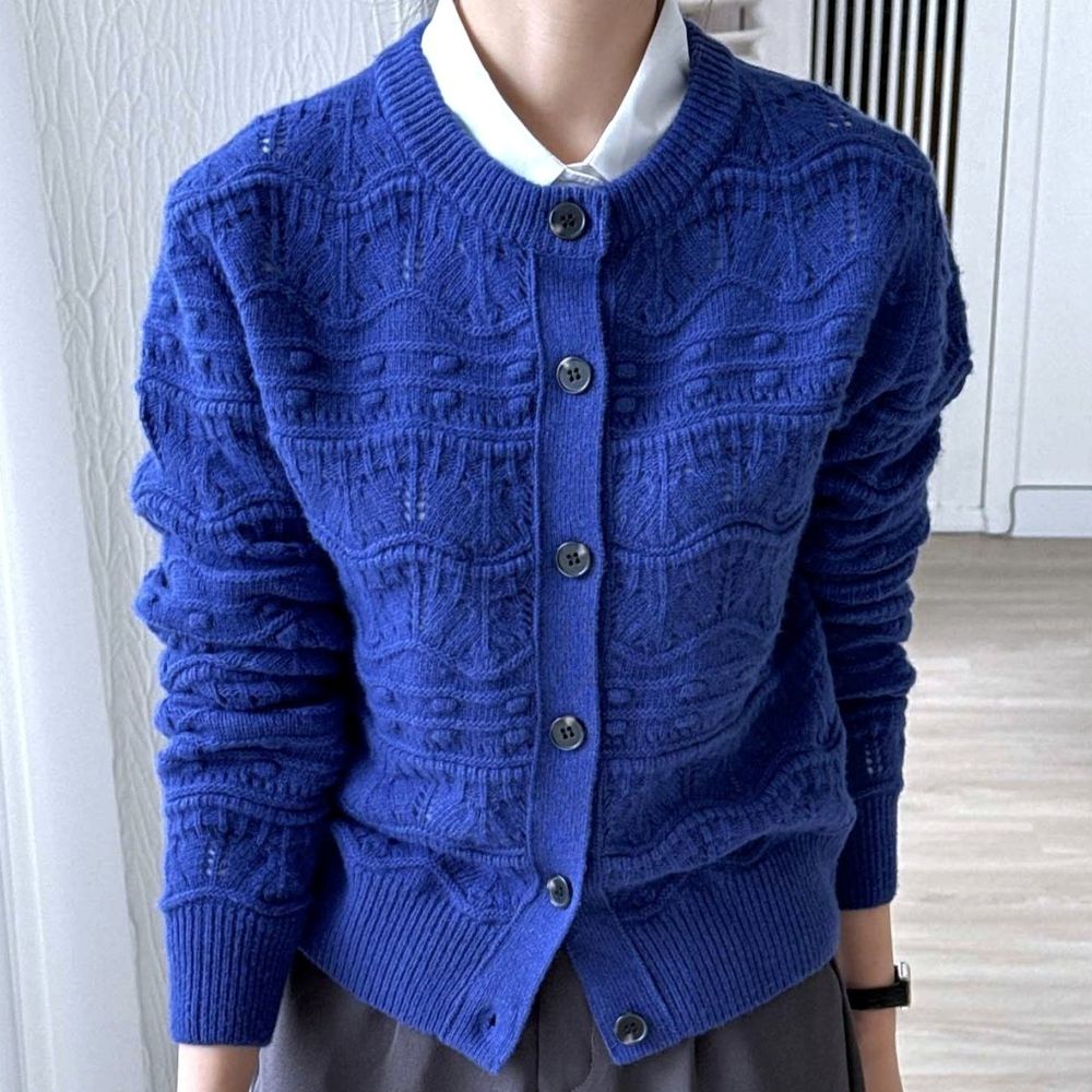 典雅立體針織紋路無領羊毛外套-寶藍 (FREE)