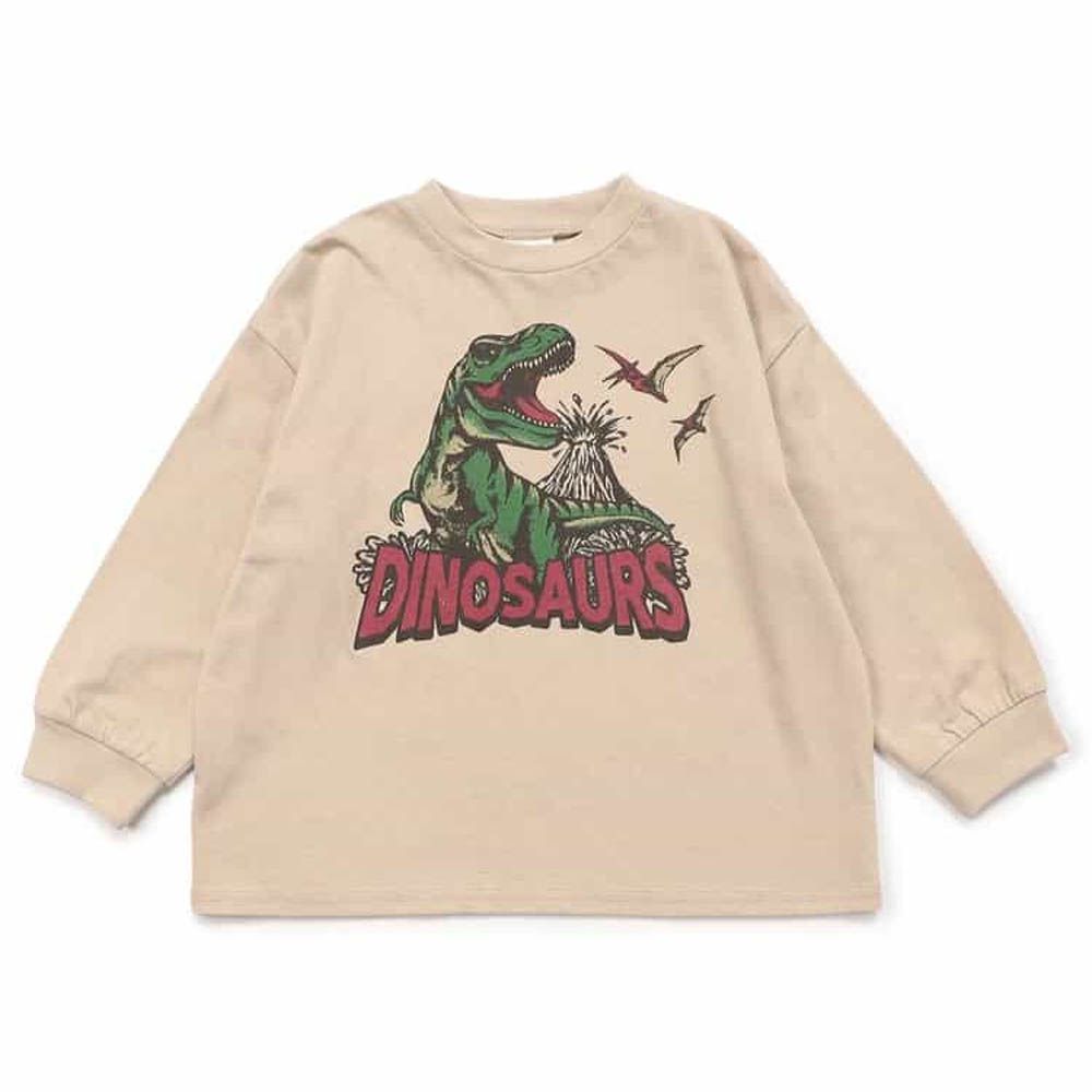 100%棉 包色款印花長袖上衣-恐龍-米杏