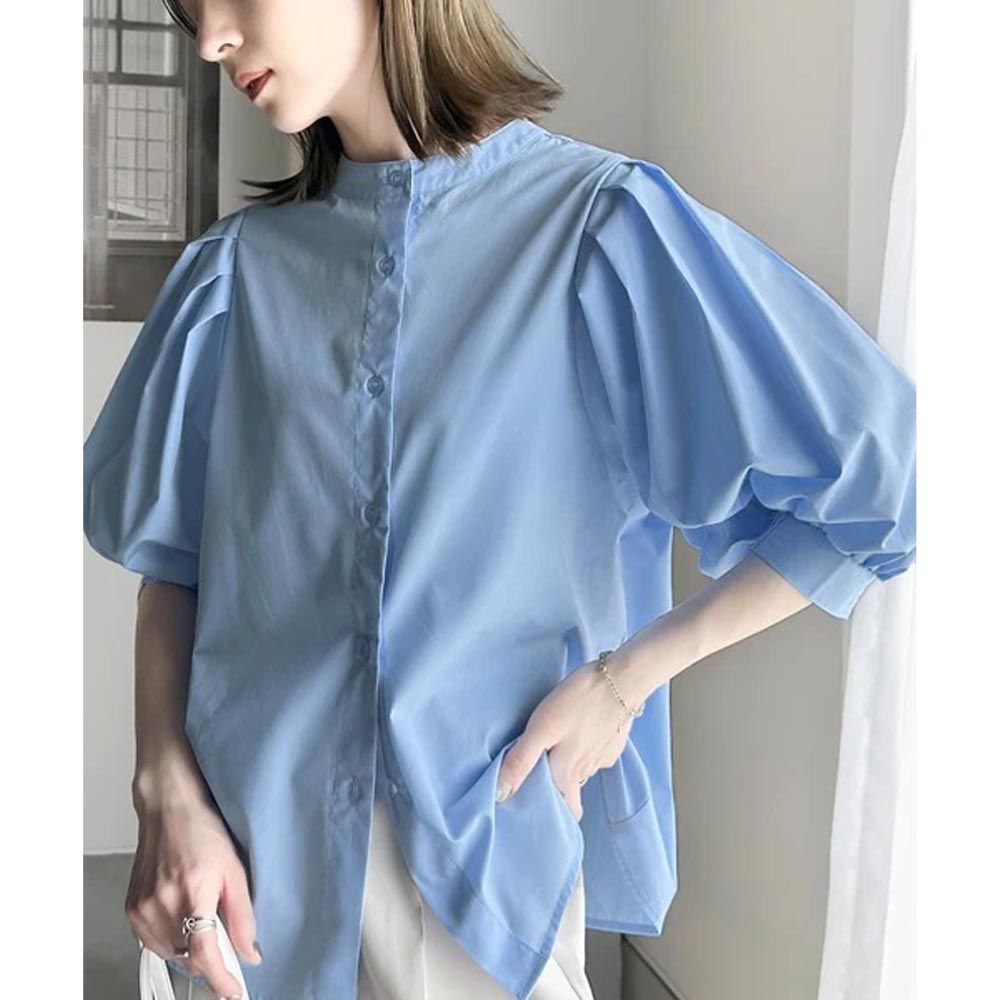 日本 Classical Elf - 氣質皺摺泡泡短袖襯衫-水藍