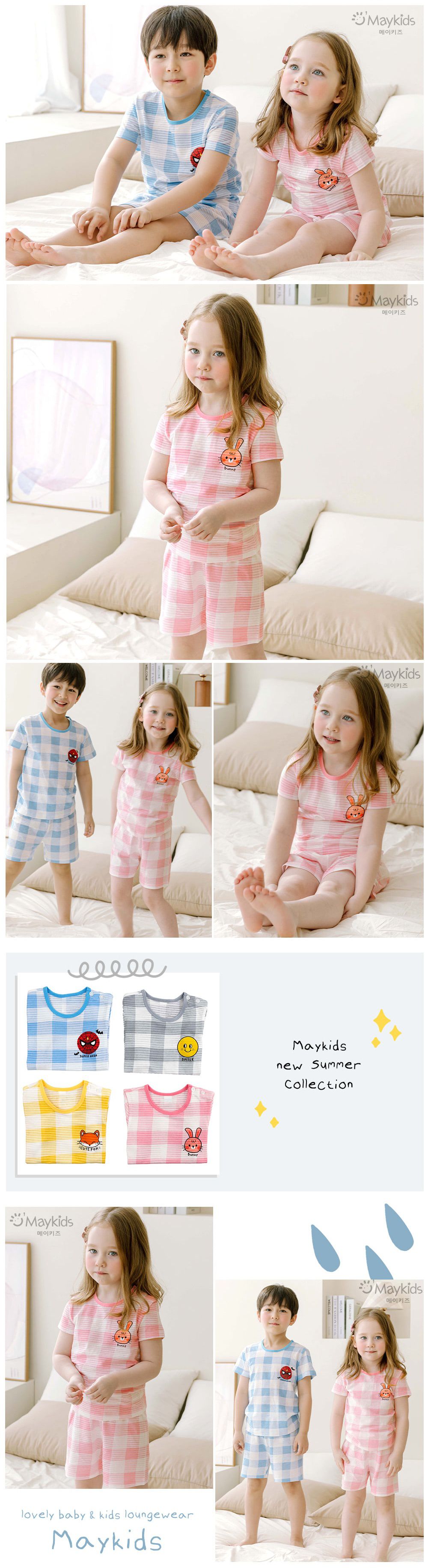 韓國 Maykids - 有機棉透氣輕薄短袖家居服-格子粉紅