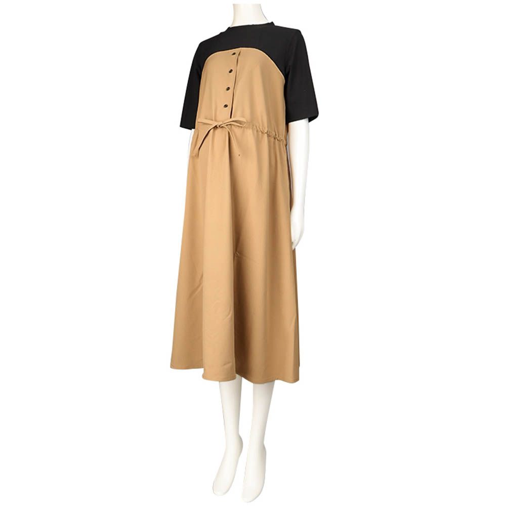 短袖馬甲風洋裝-淺卡其色