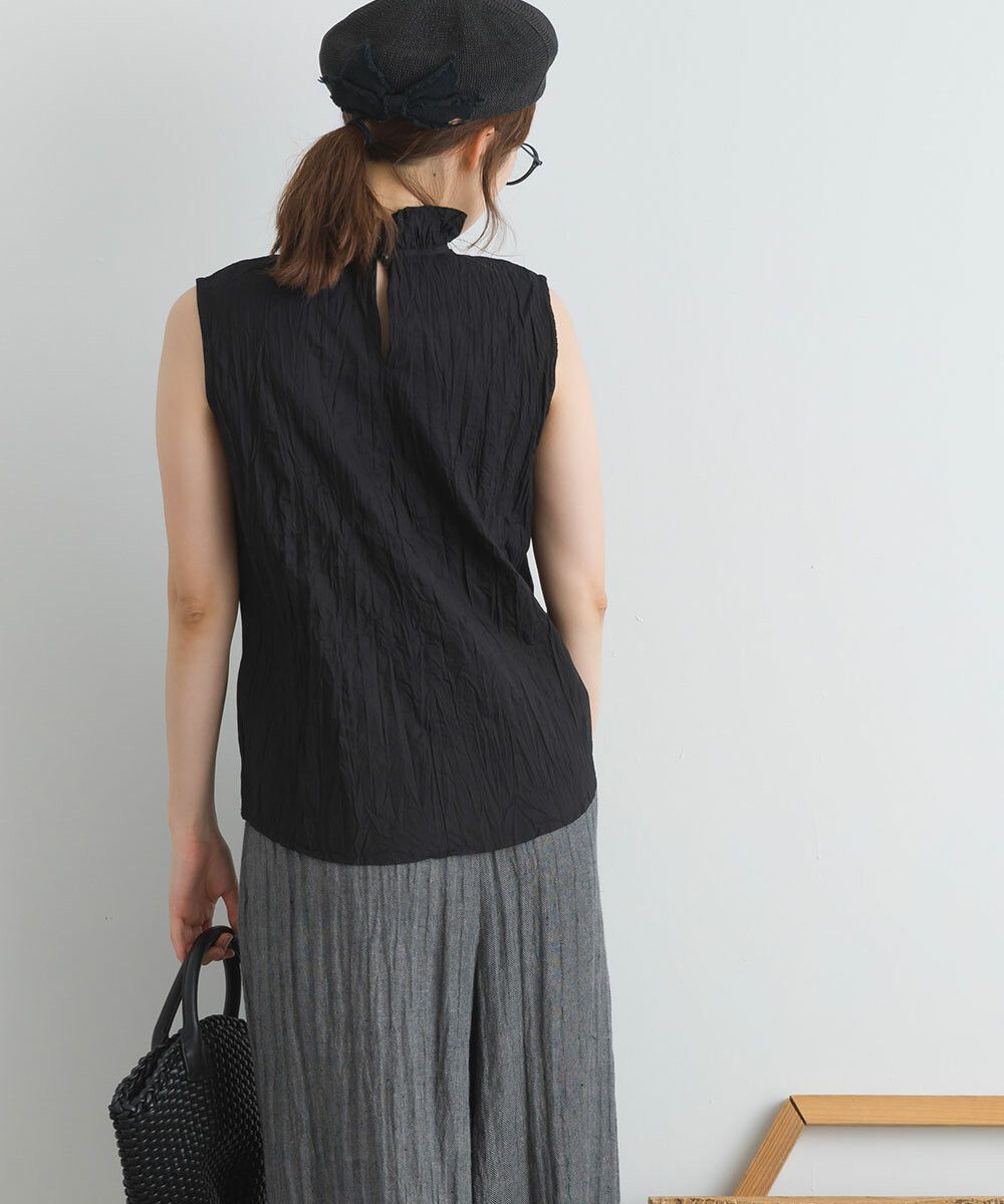 日本女裝代購 - 木耳領楊柳感無袖上衣-直條紋-深灰藍