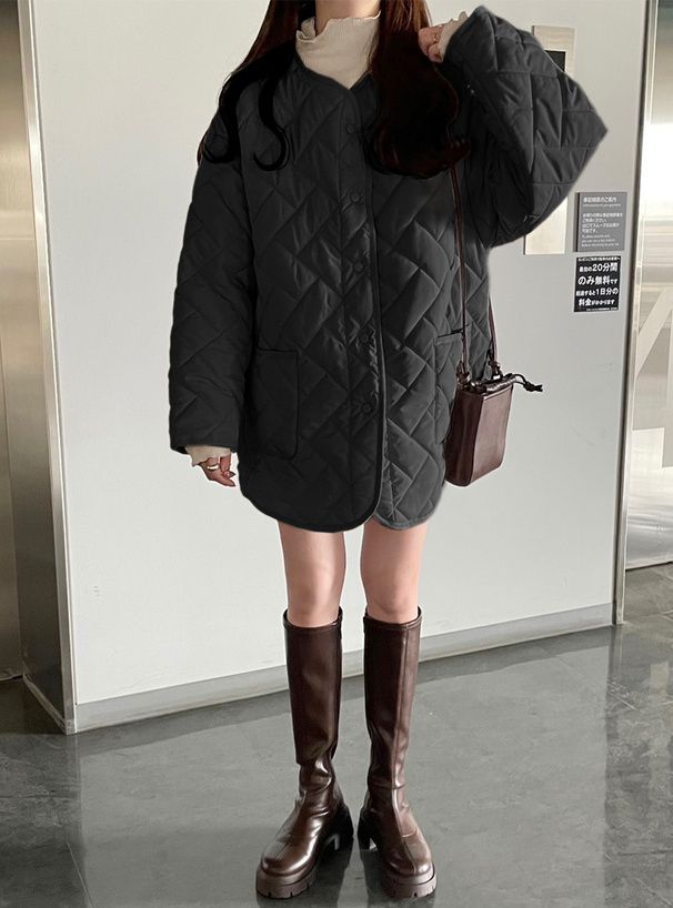 日本 GRL - 圓領寬鬆休閒絎縫夾克-象牙白