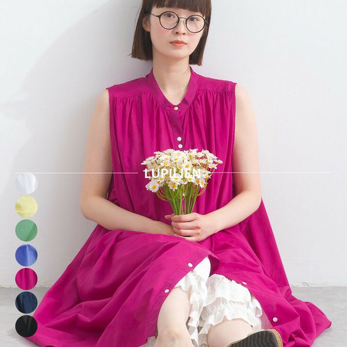 日本 Lupilien - 100%印度棉 清爽素色無袖洋裝-藍紫